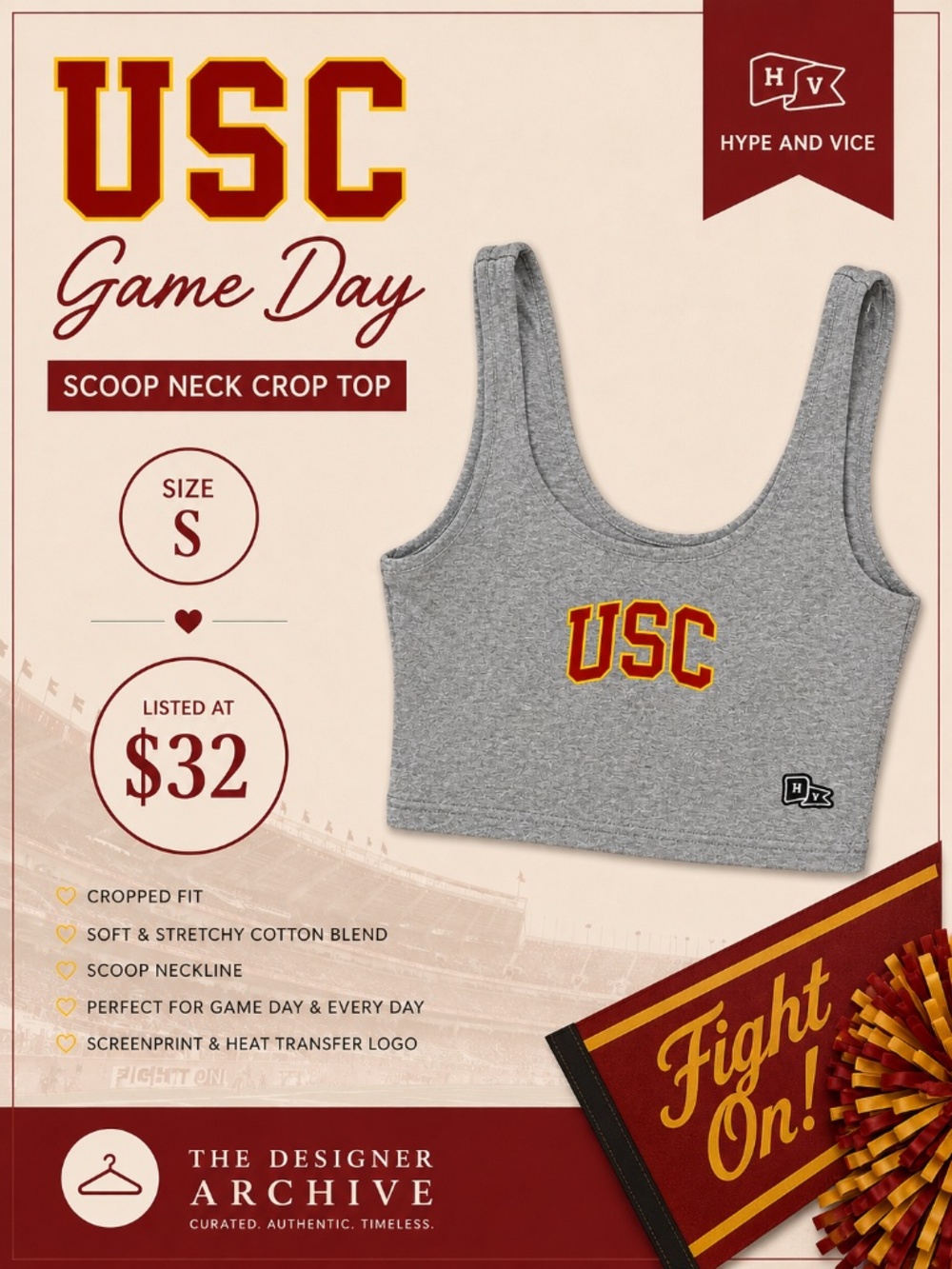 Hype and Vice USC Trojans Scoop Neck Crop Top Gray Size S